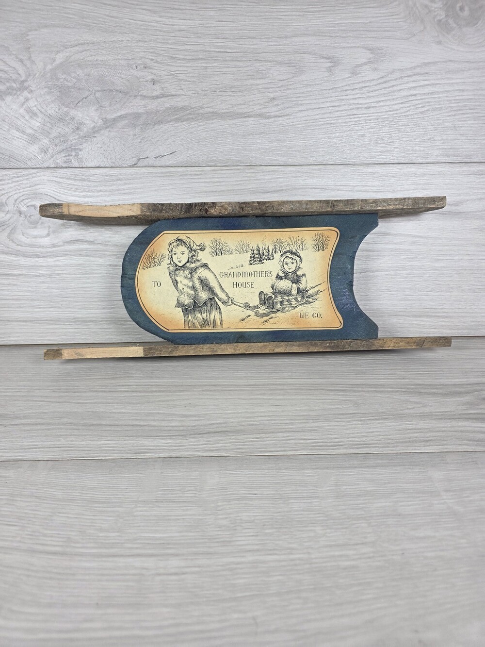 Folk Art Wooden Sled Ornament w "To Grandmother's House We Go" Farmhouse SU27